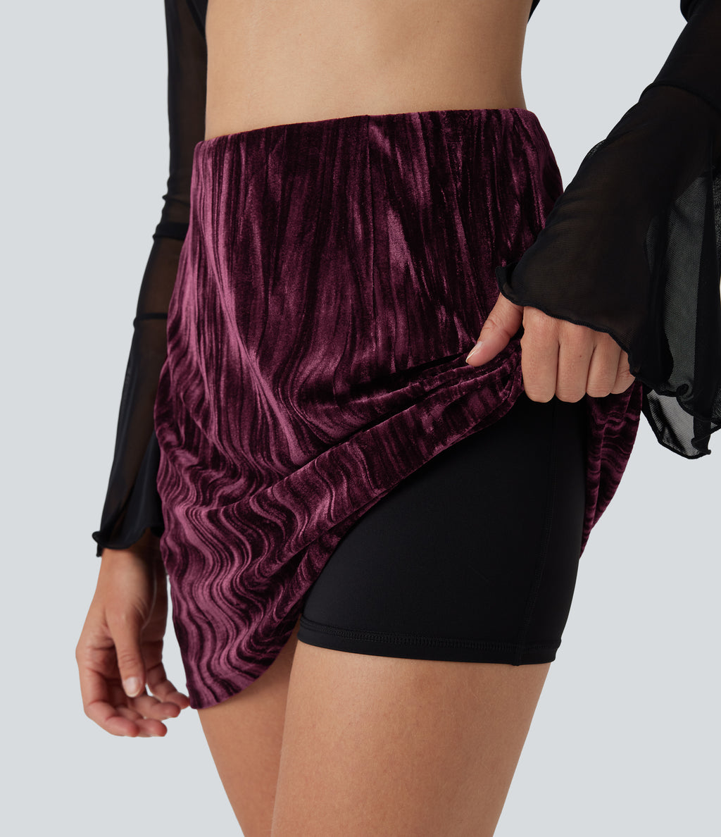 High Waisted Tummy Control 2-in-1 A Line Velvet Mini Casual Skirt — Crimson Shimmer — view 4