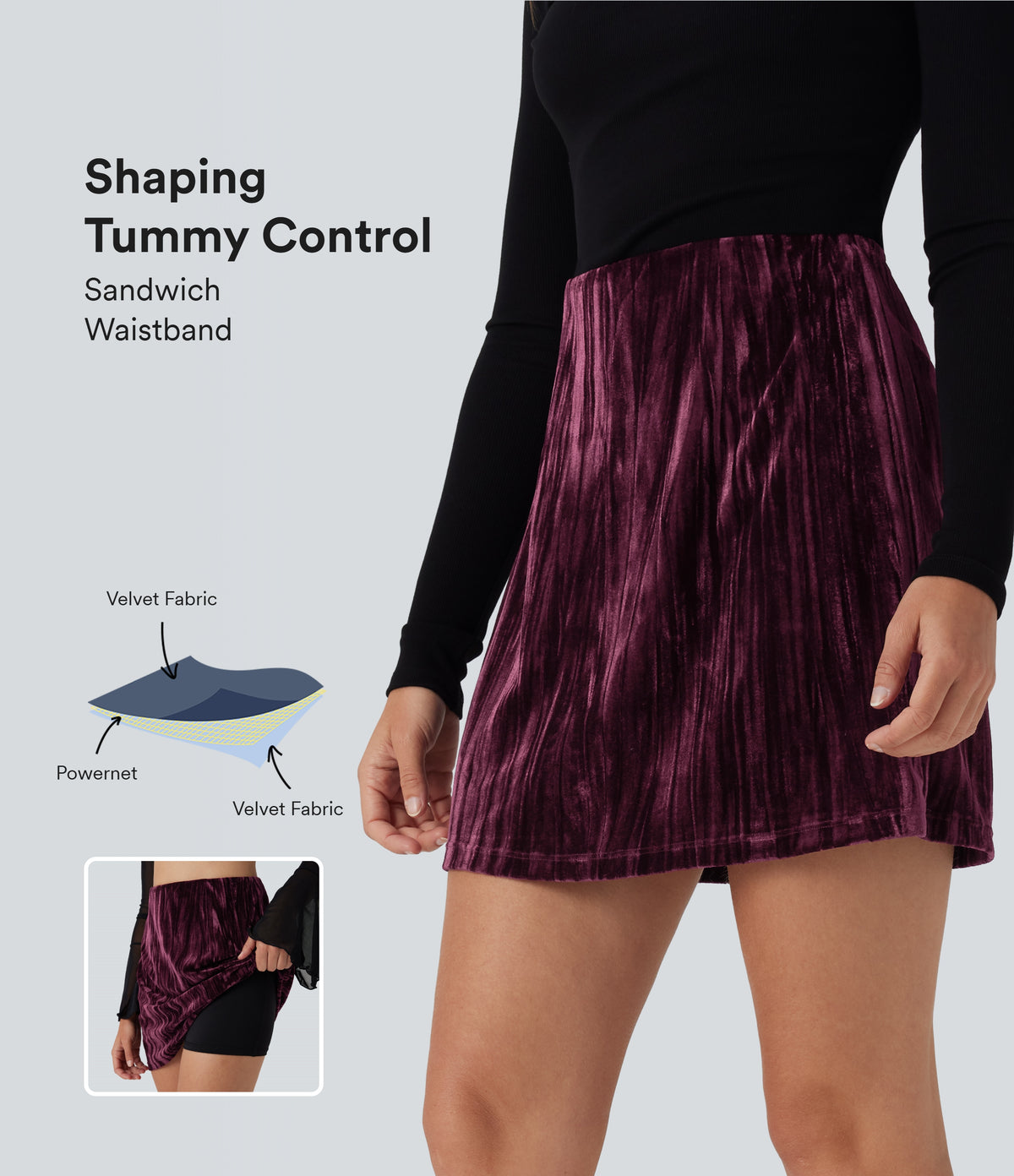 High Waisted Tummy Control 2-in-1 A Line Velvet Mini Casual Skirt — Crimson Shimmer — view 1