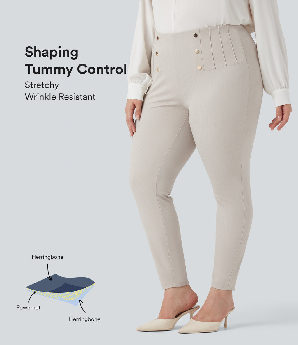 Plus Size High Waisted Tummy Control Herringbone Work Trousers with Pockets — Moonbeam — view 1