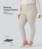Plus Size High Waisted Tummy Control Herringbone Work Trousers with Pockets — Moonbeam — view 1