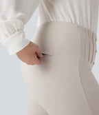 Plus Size High Waisted Tummy Control Herringbone Work Trousers with Pockets — Moonbeam — view 4