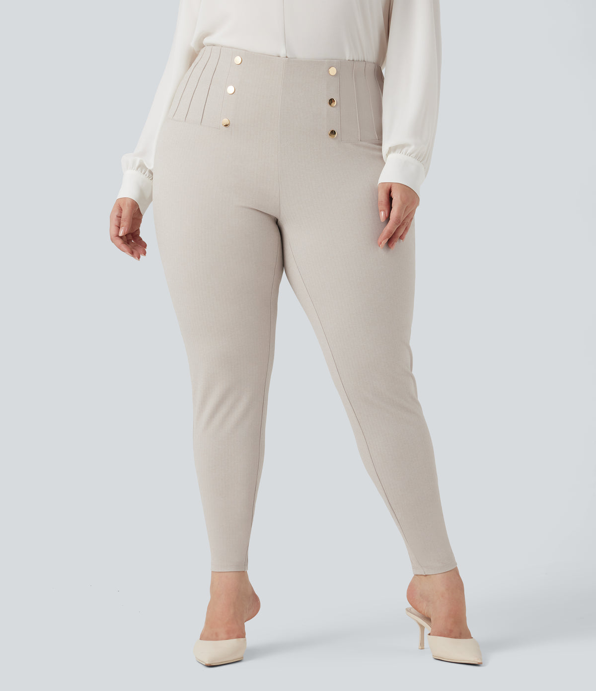 Plus Size High Waisted Tummy Control Herringbone Work Trousers with Pockets — Moonbeam — view 3