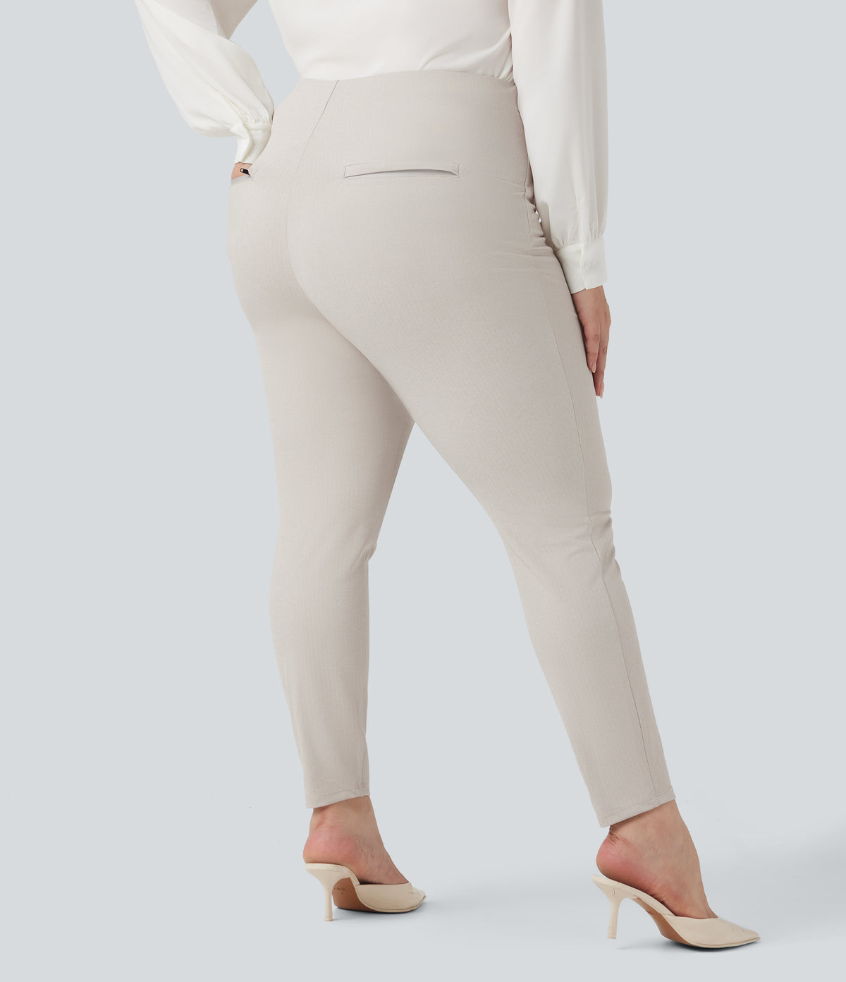 Plus Size High Waisted Tummy Control Herringbone Work Trousers with Pockets — Moonbeam — view 2