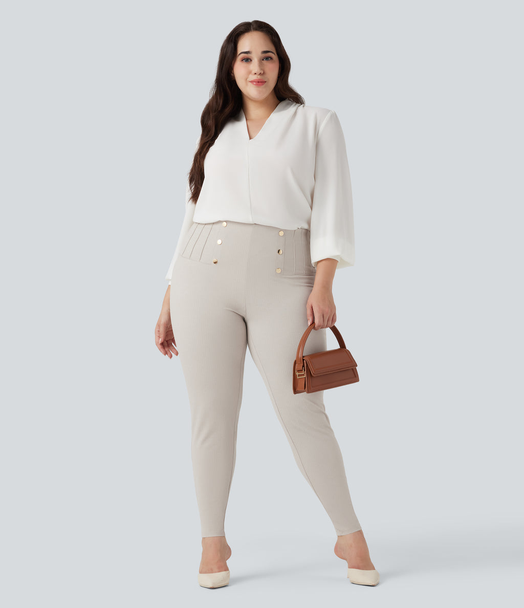 Plus Size High Waisted Tummy Control Herringbone Work Trousers with Pockets — Moonbeam — view 6