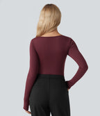 Square Neck Long Sleeve Built-in Bra Skinny Work Bodysuit — Chocolate Truffle — view 4