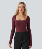 Square Neck Long Sleeve Built-in Bra Skinny Work Bodysuit — Chocolate Truffle — view 3