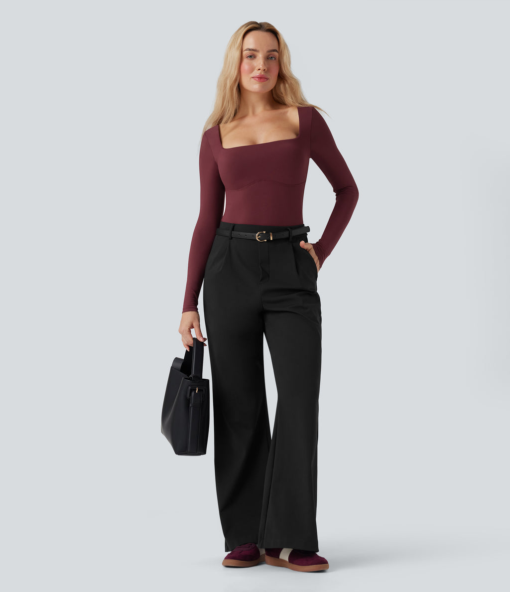 Square Neck Long Sleeve Built-in Bra Skinny Work Bodysuit — Chocolate Truffle — view 7