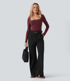 Square Neck Long Sleeve Built-in Bra Skinny Work Bodysuit — Chocolate Truffle — view 7