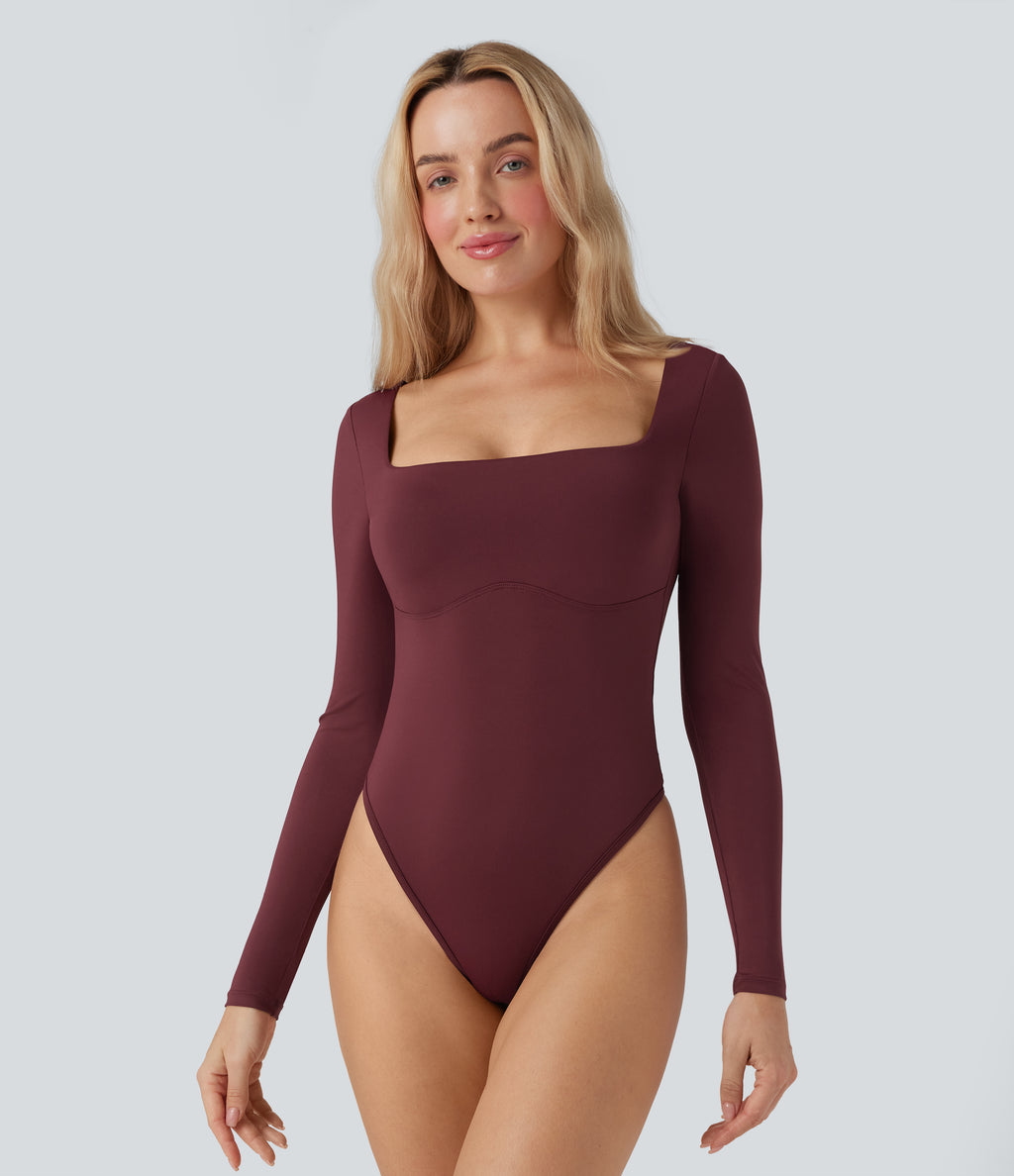 Square Neck Long Sleeve Built-in Bra Skinny Work Bodysuit — Chocolate Truffle — view 1