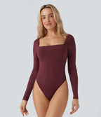 Square Neck Long Sleeve Built-in Bra Skinny Work Bodysuit — Chocolate Truffle — view 1