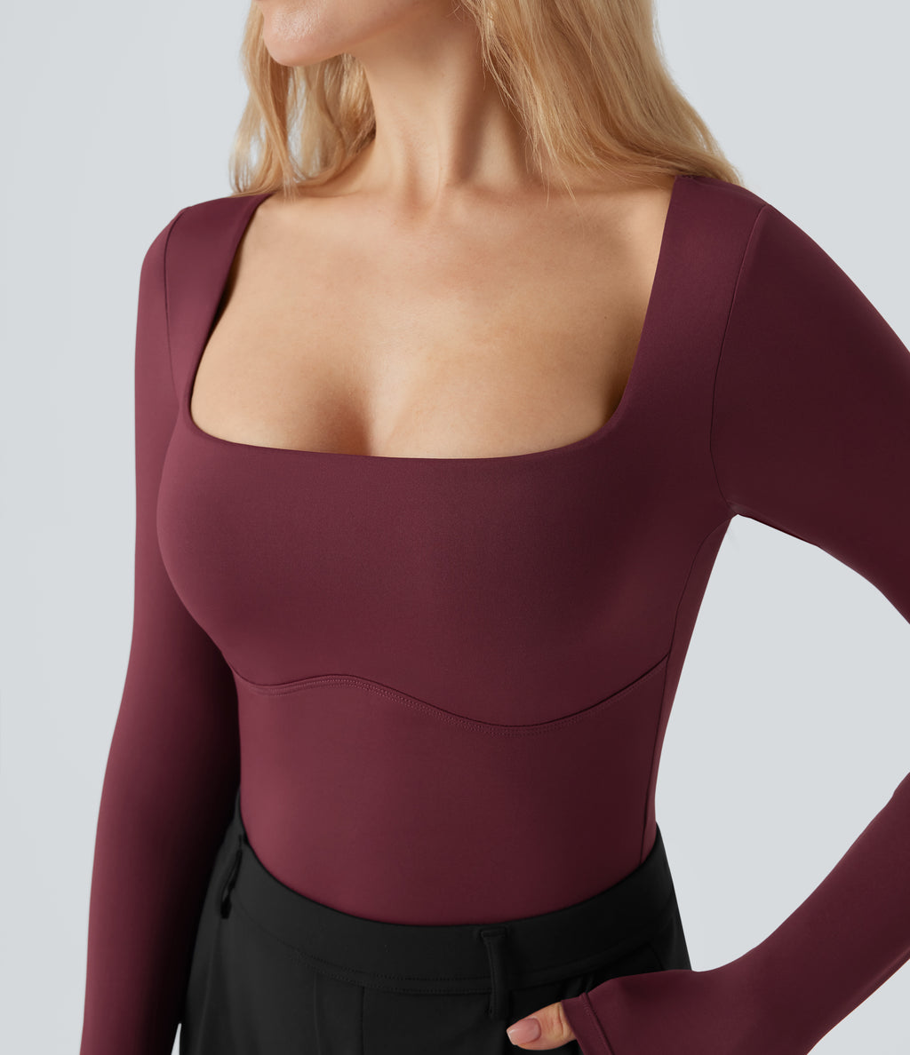 Square Neck Long Sleeve Built-in Bra Skinny Work Bodysuit — Chocolate Truffle — view 6