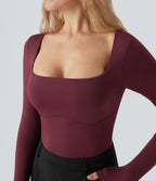 Square Neck Long Sleeve Built-in Bra Skinny Work Bodysuit — Chocolate Truffle — view 6