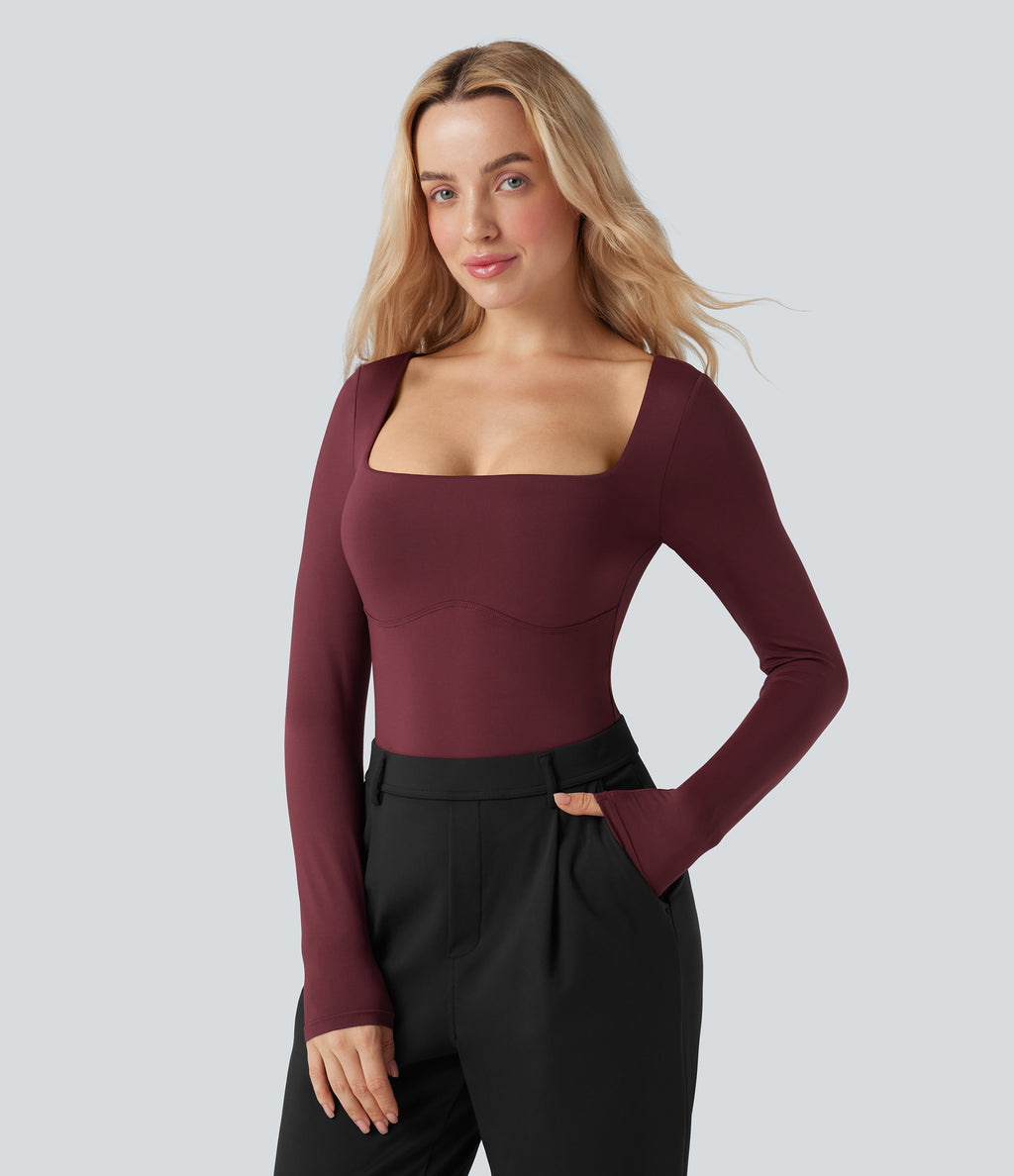 Square Neck Long Sleeve Built-in Bra Skinny Work Bodysuit — Chocolate Truffle — view 5