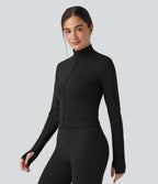 Plush Stand Collar Long Sleeve Thumb Holes Crossover Back Yoga Jackets — Black — view 1