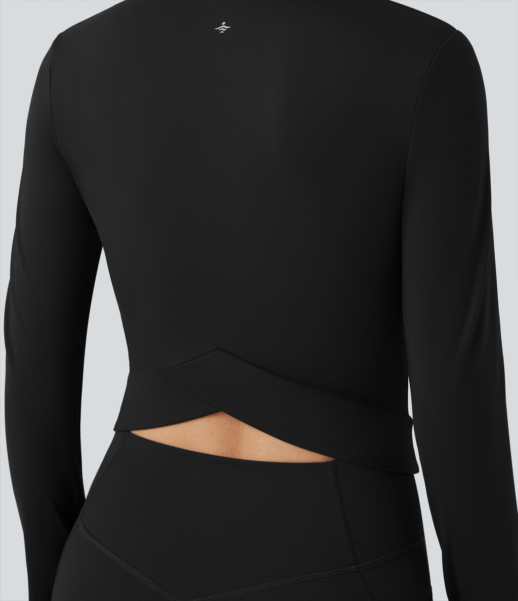 Plush Stand Collar Long Sleeve Thumb Holes Crossover Back Yoga Jackets — Black — view 5