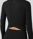 Plush Stand Collar Long Sleeve Thumb Holes Crossover Back Yoga Jackets — Black — view 5