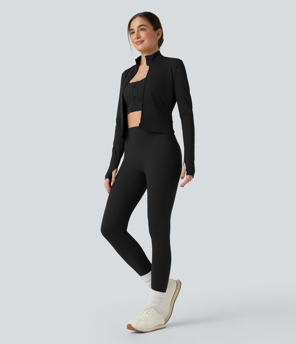 Plush Stand Collar Long Sleeve Thumb Holes Crossover Back Yoga Jackets — Black — view 7