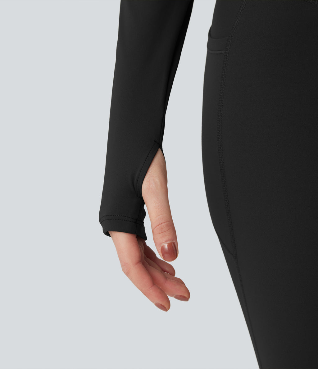 Plush Stand Collar Long Sleeve Thumb Holes Crossover Back Yoga Jackets — Black — view 6