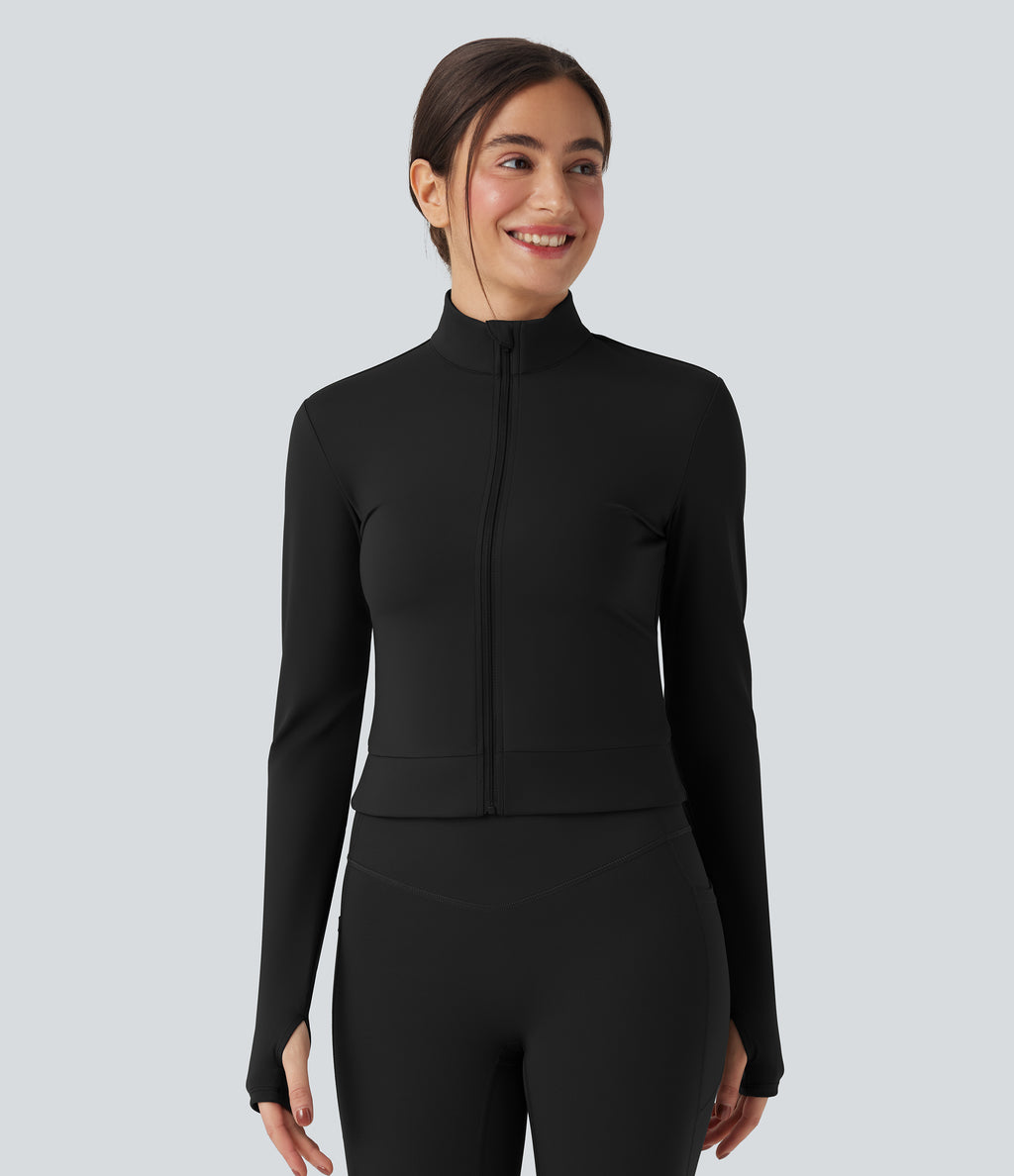 Plush Stand Collar Long Sleeve Thumb Holes Crossover Back Yoga Jackets — Black — view 3
