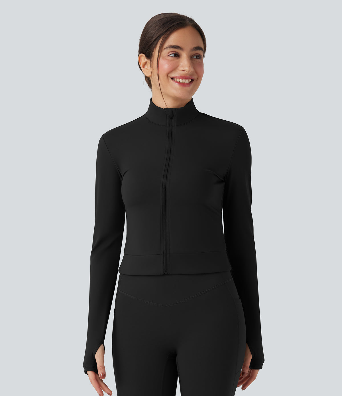 Plush Stand Collar Long Sleeve Thumb Holes Crossover Back Yoga Jackets — Black — view 3
