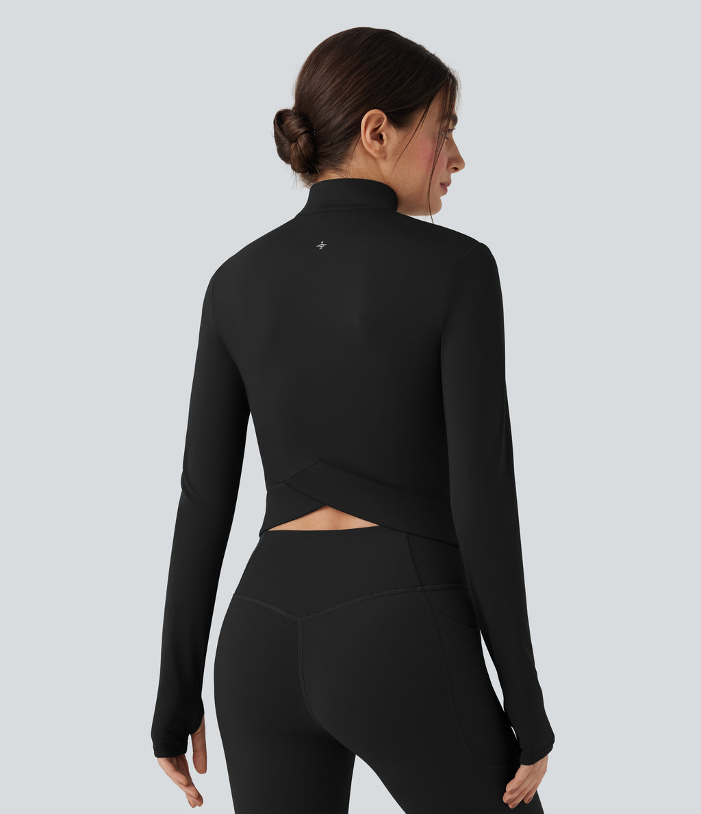 Plush Stand Collar Long Sleeve Thumb Holes Crossover Back Yoga Jackets — Black — view 2