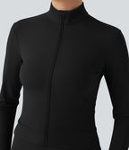 Plush Stand Collar Long Sleeve Thumb Holes Crossover Back Yoga Jackets — Black — view 4