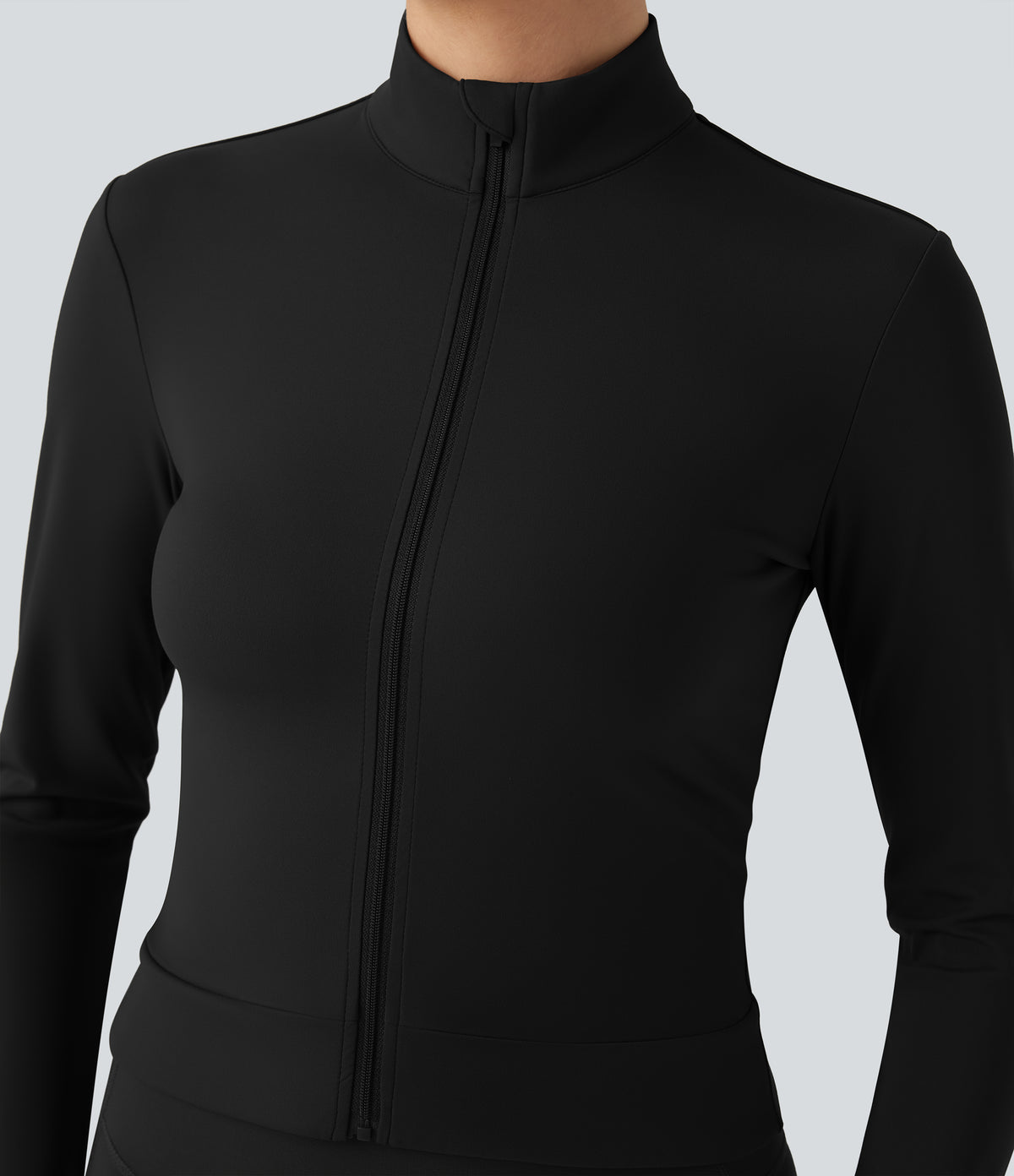 Plush Stand Collar Long Sleeve Thumb Holes Crossover Back Yoga Jackets — Black — view 4