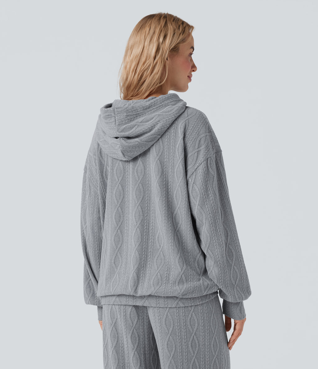 Hooded Long Sleeve Oversized Cable Knit Casual Sweatshirt — Weathervane — view 2