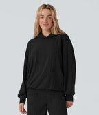 Hooded Long Sleeve Oversized Cable Knit Casual Sweatshirt — Black — view 6