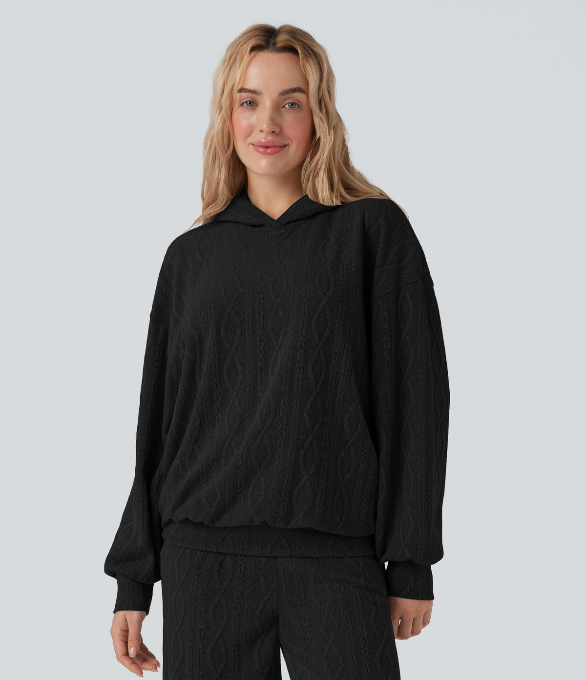 Hooded Long Sleeve Oversized Cable Knit Casual Sweatshirt — Black — view 6