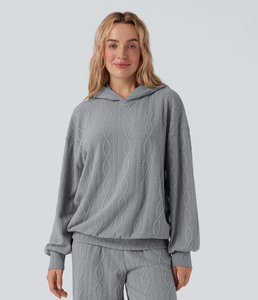Hooded Long Sleeve Oversized Cable Knit Casual Sweatshirt — Weathervane — view 1