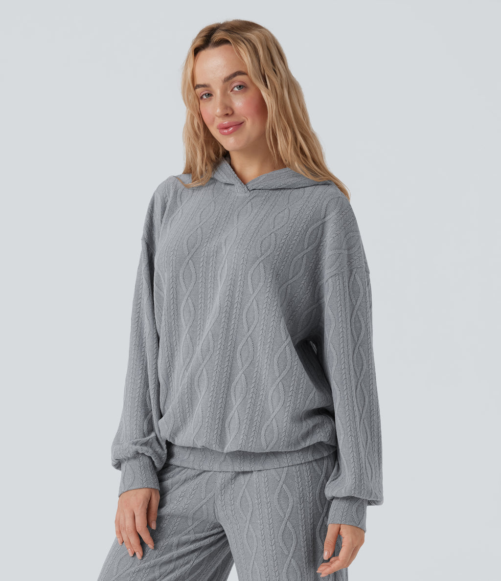 Hooded Long Sleeve Oversized Cable Knit Casual Sweatshirt — Weathervane — view 3