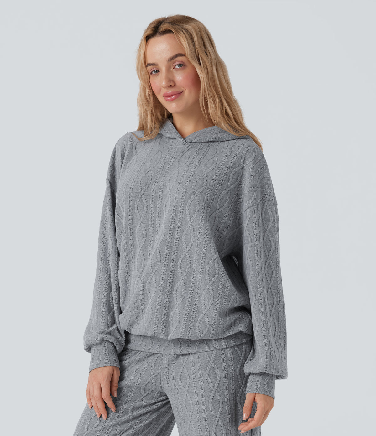 Hooded Long Sleeve Oversized Cable Knit Casual Sweatshirt — Weathervane — view 3