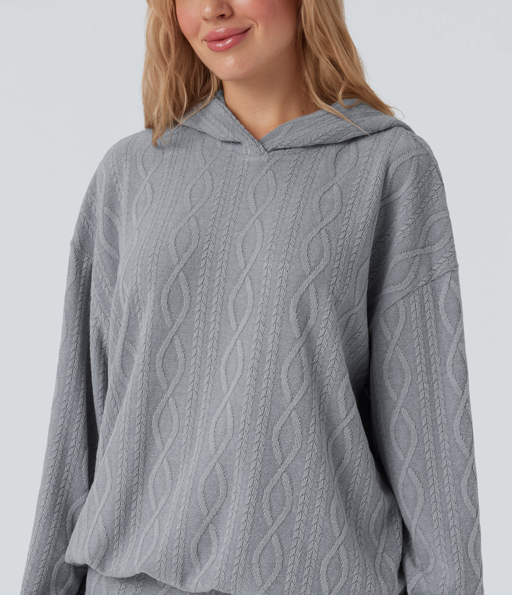 Hooded Long Sleeve Oversized Cable Knit Casual Sweatshirt — Weathervane — view 4