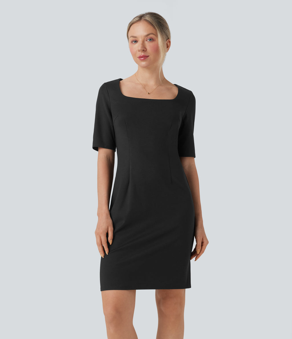 Square Neck Half Sleeve Slim Pencil Work Dress — Black — view 1