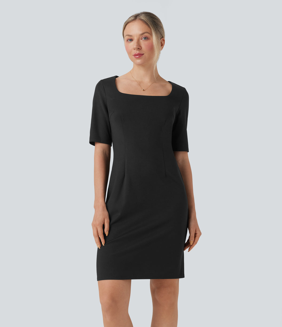 Square Neck Half Sleeve Slim Pencil Work Dress — Black — view 1