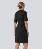 Square Neck Half Sleeve Slim Pencil Work Dress — Black — view 2
