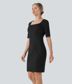 Square Neck Half Sleeve Slim Pencil Work Dress — Black — view 3