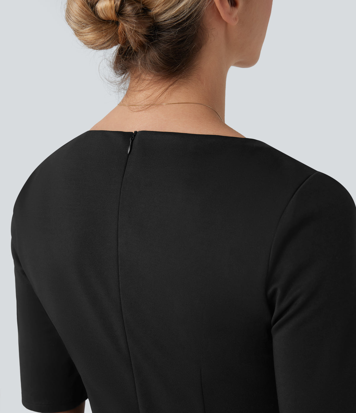 Square Neck Half Sleeve Slim Pencil Work Dress — Black — view 5
