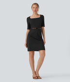 Square Neck Half Sleeve Slim Pencil Work Dress — Black — view 7
