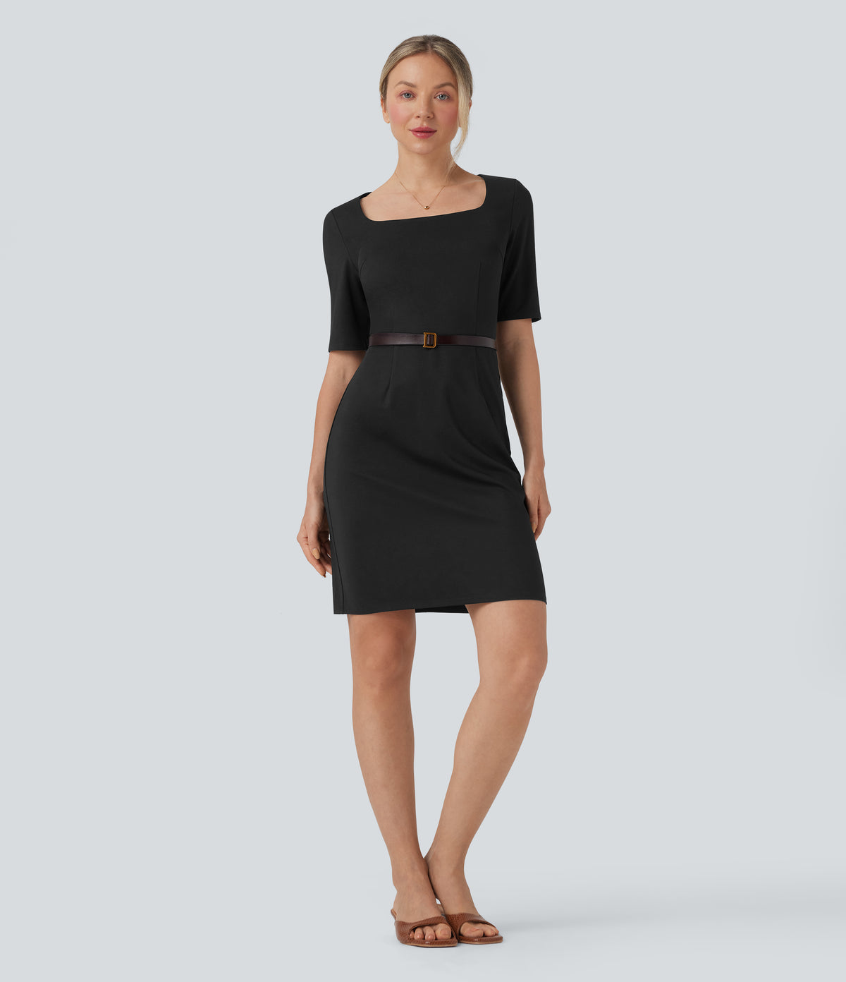 Square Neck Half Sleeve Slim Pencil Work Dress — Black — view 7