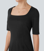 Square Neck Half Sleeve Slim Pencil Work Dress — Black — view 4