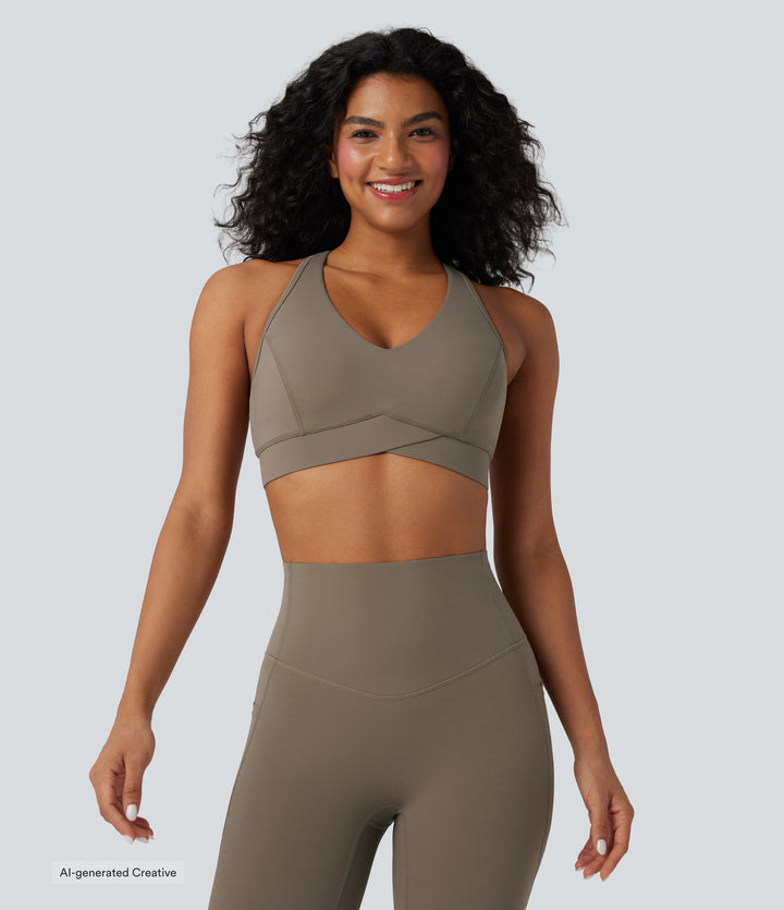 Light Support V Neck Racerback Workout Sports Bra — Dawn Brown — view 1
