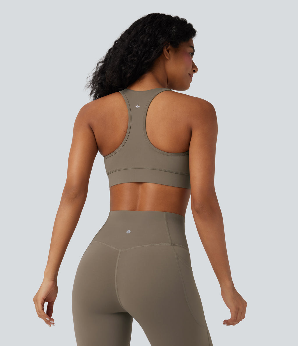 Light Support V Neck Racerback Workout Sports Bra — Dawn Brown — view 2