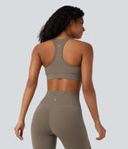Light Support V Neck Racerback Workout Sports Bra — Dawn Brown — view 2