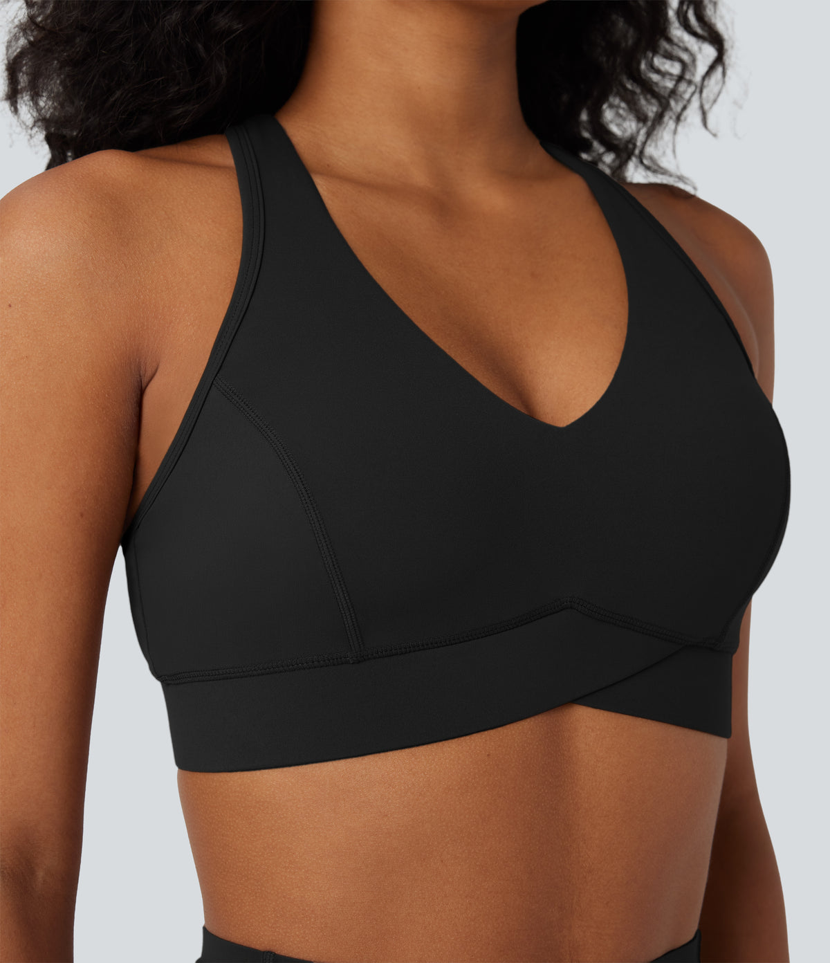 Light Support V Neck Racerback Workout Sports Bra — Black — view 6