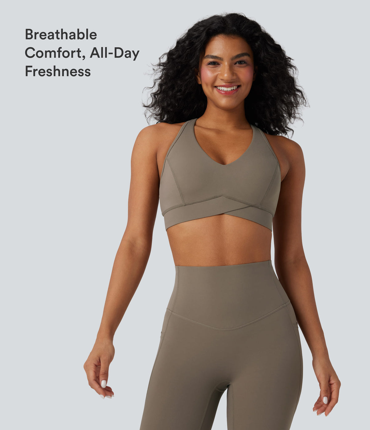 Light Support V Neck Racerback Workout Sports Bra — Dawn Brown — view 4