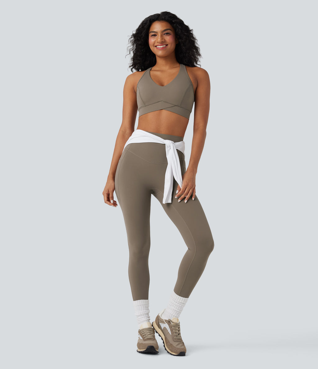 Light Support V Neck Racerback Workout Sports Bra — Dawn Brown — view 3