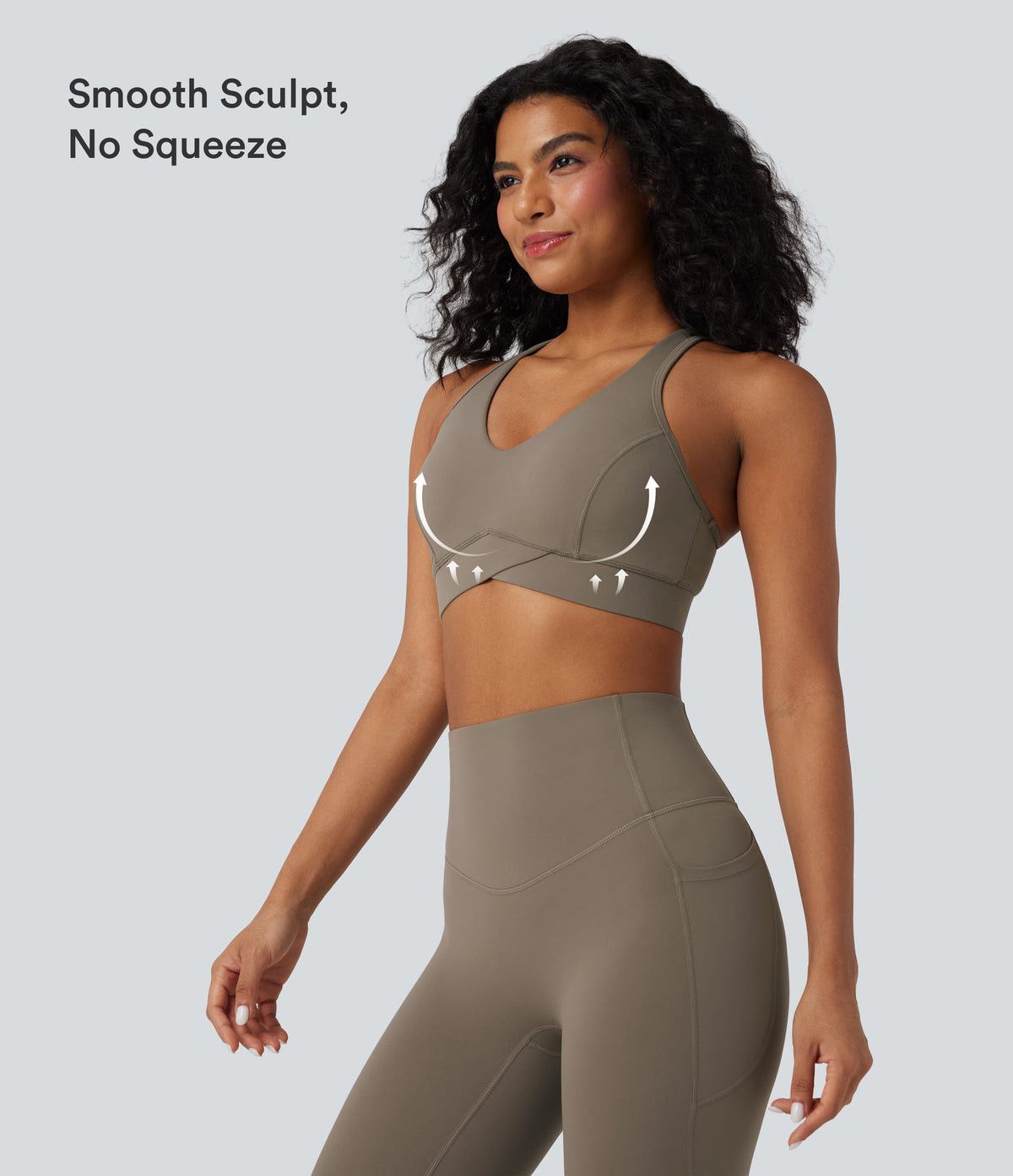 Light Support V Neck Racerback Workout Sports Bra — Dawn Brown — view 5