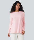 Ribbed Knit Long Sleeve Split Hem Casual T-Shirt — Rose Haze Pink — view 3